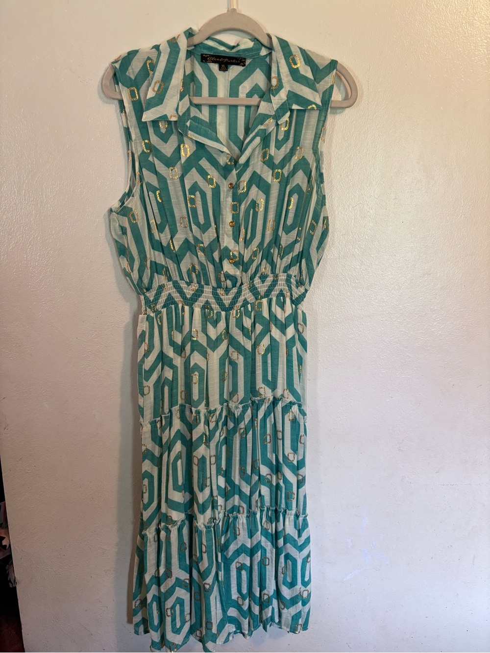 Sleeveless Teal & Cream Geometric Maxi Dress with Collared Neck